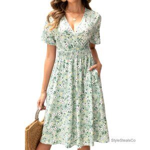 Midi Floral Dress Wrap V-Neck Smocked Waist Pockets Spring Summer